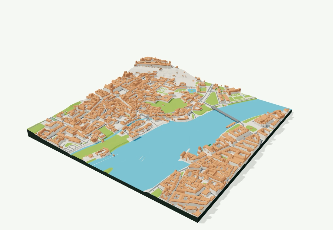 Skutečný náhled 3D modelu Prahy s budovami a řekou